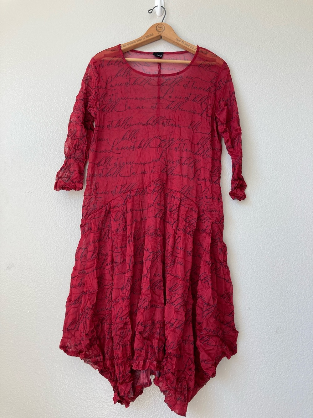 Lisa Bayne Sheer Mesh Crinkle Dress Tunic Asymmetrical Bubble Lantern Hem sz L